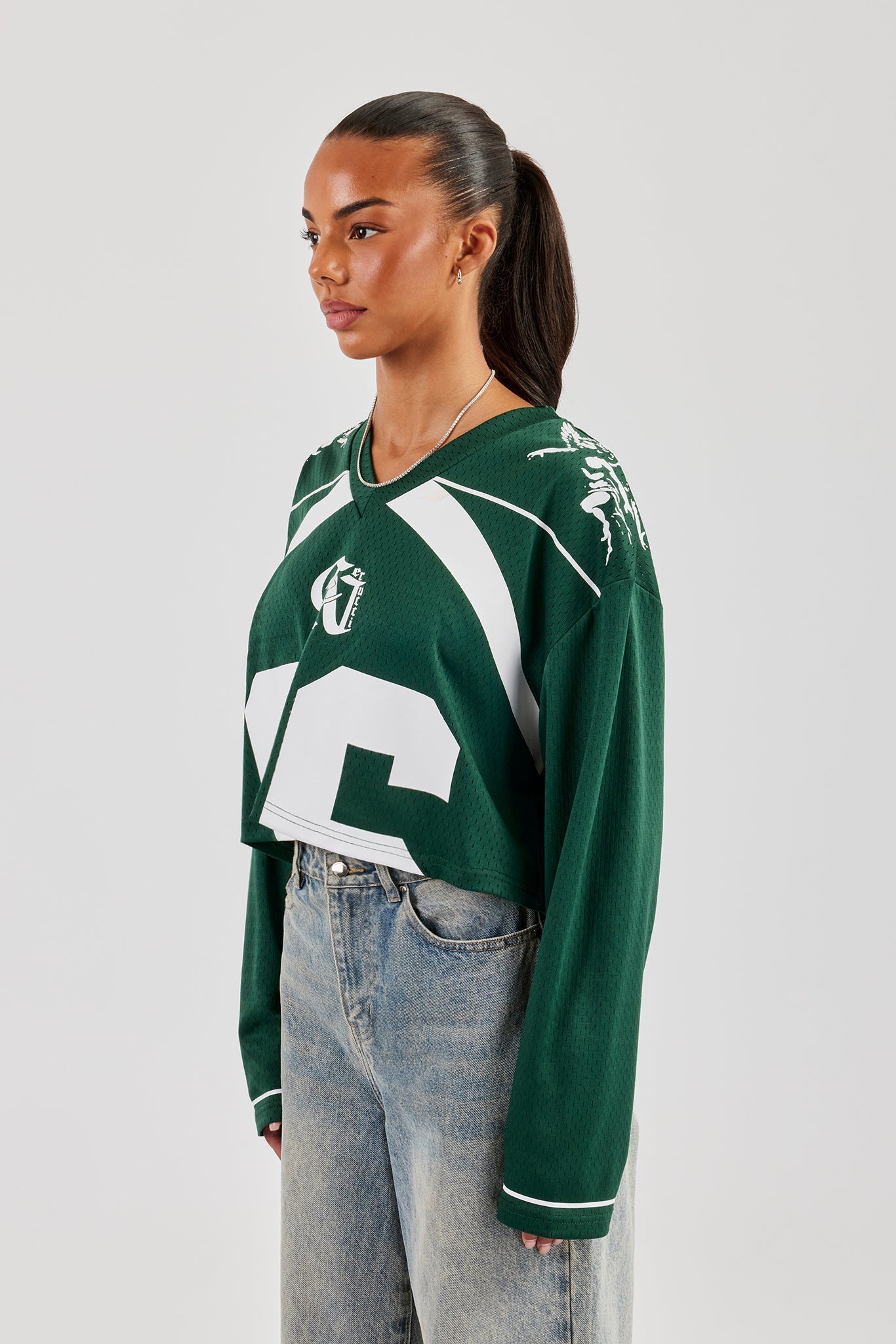 Mesh Cropped 86 Long Sleeve Top - Forest Green